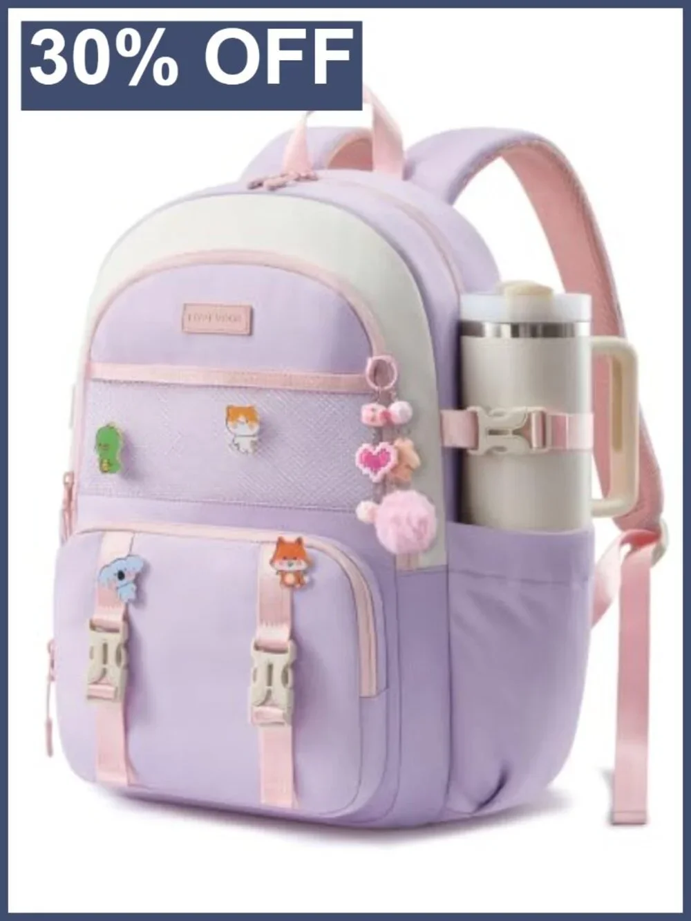 Girls School Backpack with Cartoon Charms & Pins, Water Resistant, Fits 15.6